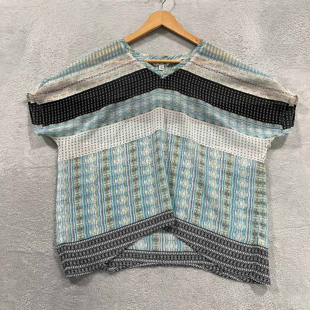 CAbi Top Womens XS Boho Stripe V Neck Short Sleeve Semi Sheer Style Peasant 328